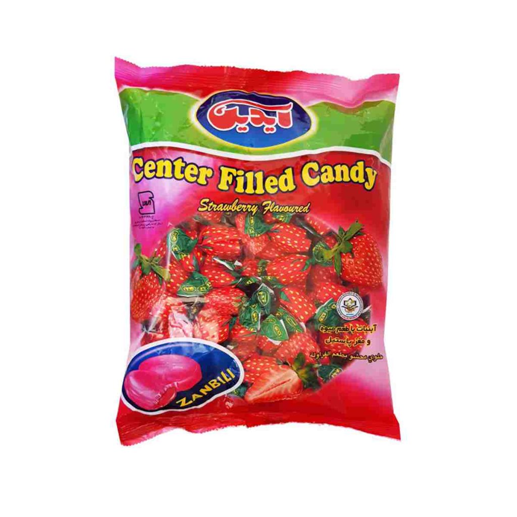 آبنبات آیدین با طعم میوه و مغزی پاستیل توت فرنگی - 500 گرم