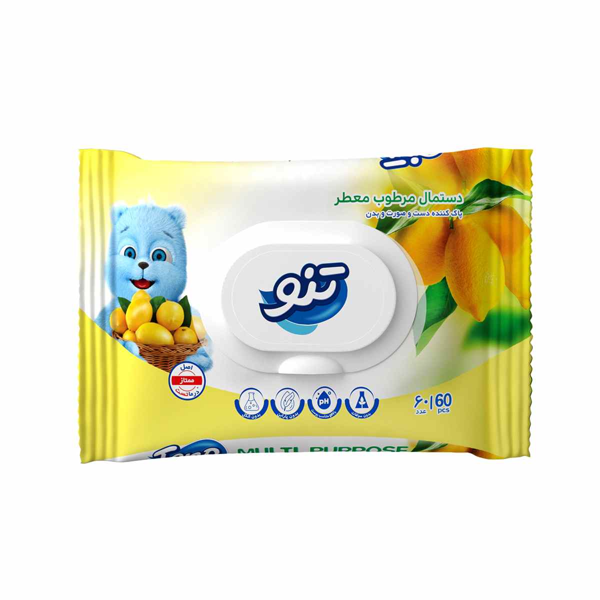 دستمال مرطوب معطر لیمویی تنو - 60 عددی